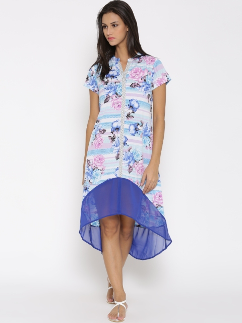

Rain & Rainbow Blue Floral Printed Polyester A-Line Dress