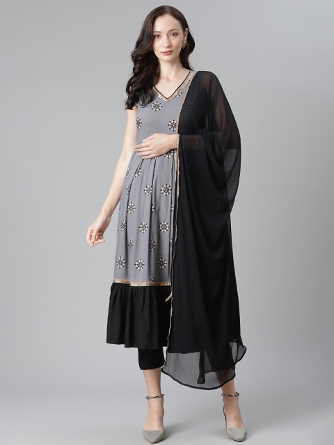 

SIAH Women Grey & Black Ethnic Motifs Printed Kurta with Trousers & Dupatta