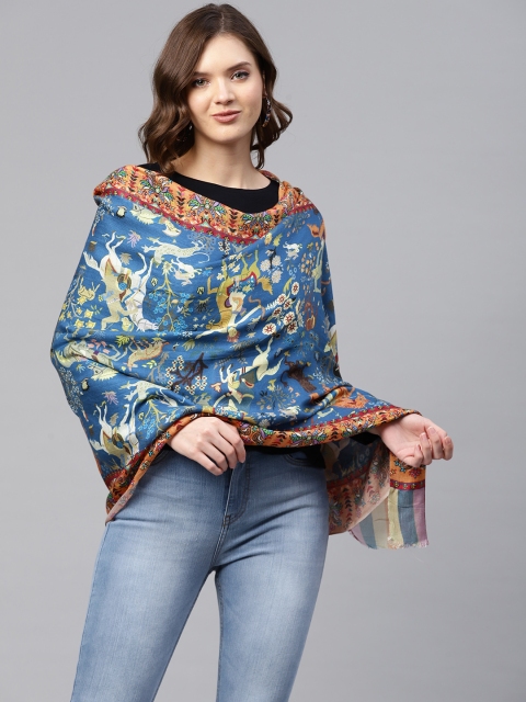 

MODARTA Women Teal Blue & Beige Ethnic Motifs Printed Woolen Shawl with Fringed Border