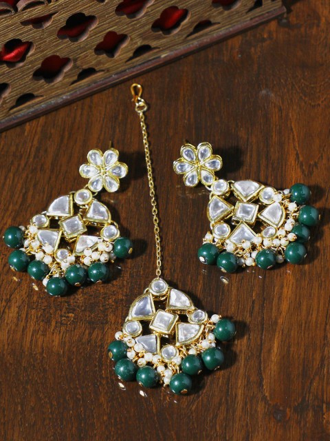 

KARATCART Gold-Plated White & Green Kundan-Studded Handcrafted Jewellery Set