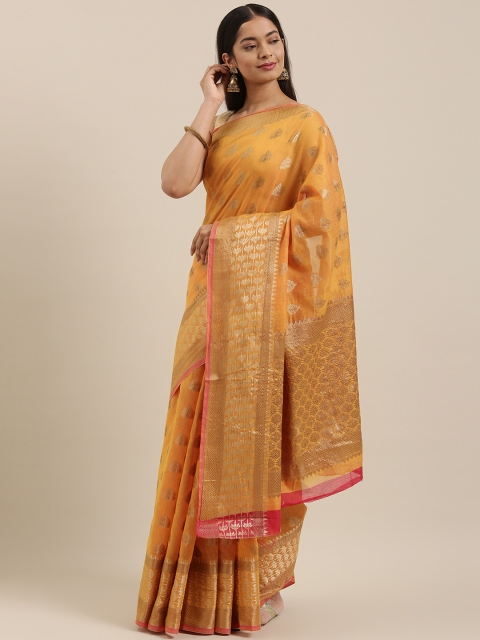 

SANGAM PRINTS Mustard & Gold-Toned Ethnic Motifs Zari Bagh Saree