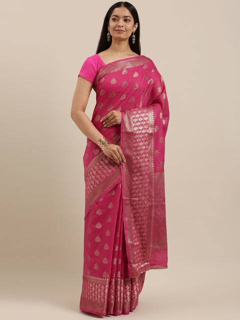 

SANGAM PRINTS Pink & Gold-Toned Ethnic Motifs Zari Bagh Saree