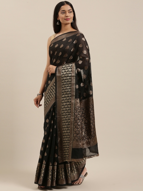 

SANGAM PRINTS Black & Gold-Toned Ethnic Motifs Zari Bagh Saree