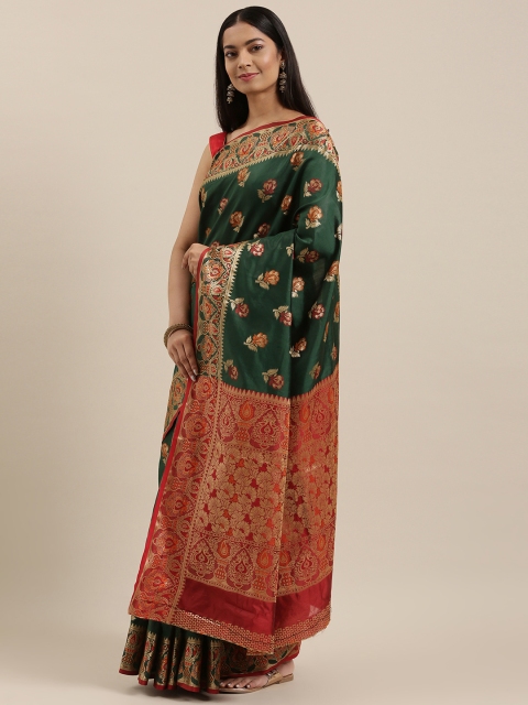 

SANGAM PRINTS Green & Red Floral Woven Design Zari Pure Silk Banarasi Saree