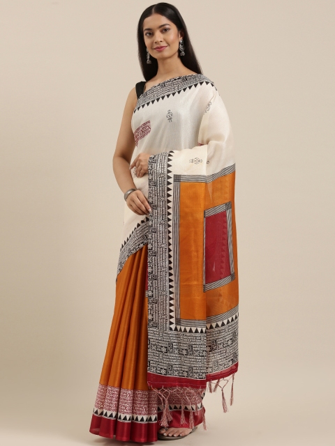 

SANGAM PRINTS Black & Orange Warli Art Silk Saree