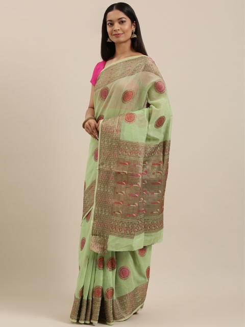 

SANGAM PRINTS Green & Red Ethnic Motifs Chanderi Saree