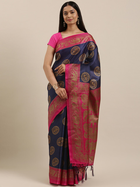 

SANGAM PRINTS Navy Blue & Pink Ethnic Motifs Art Silk Saree