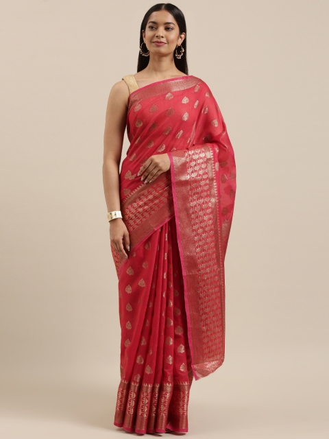 

SANGAM PRINTS Red & Golden Ethnic Motifs Zari Handloom Bagh Saree