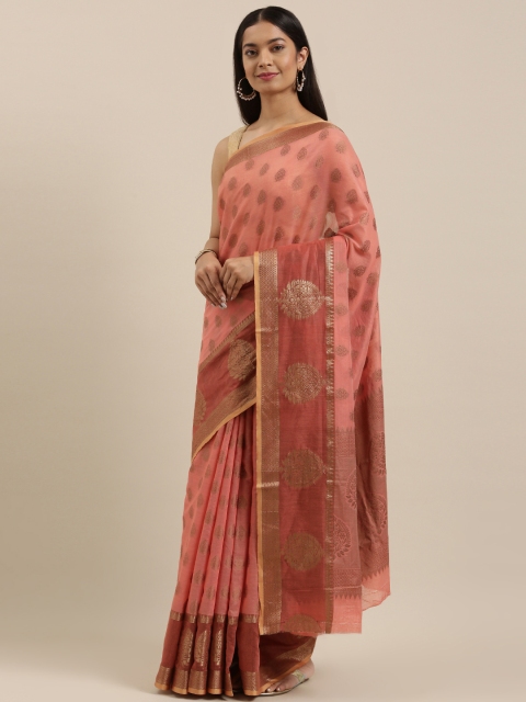 

SANGAM PRINTS Peach-Coloured & Golden Ethnic Motifs Zari Handloom Chanderi Saree