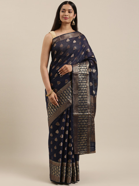 

SANGAM PRINTS Navy Blue & Gold-Toned Ethnic Motifs Zari Bagh Saree