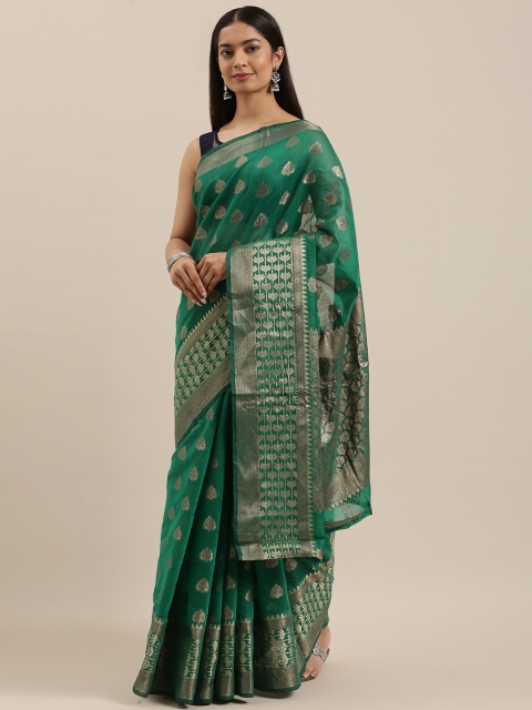 

SANGAM PRINTS Green & Gold-Toned Cotton Handloom Woven Work Traditional Saree