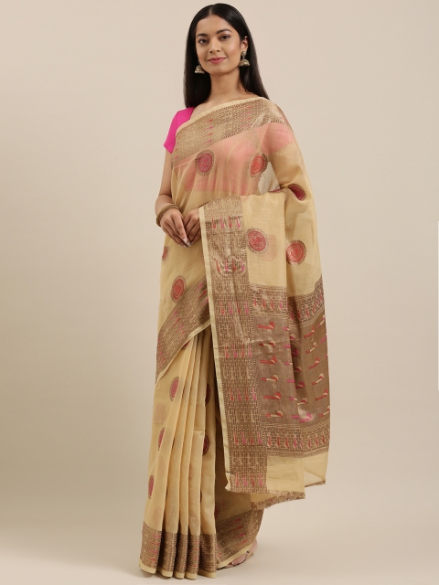 

SANGAM PRINTS Beige & Red Ethnic Motifs Chanderi Saree