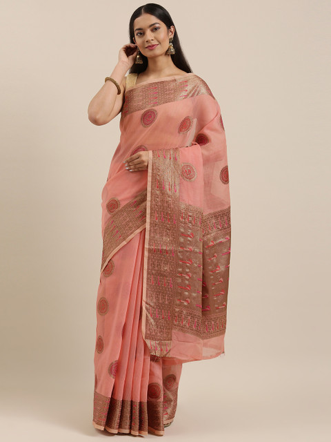 

SANGAM PRINTS Pink & Golden Ethnic Motifs Woven Design Zari Chanderi Handloom Saree