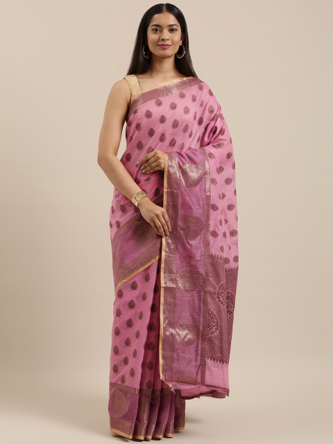 

SANGAM PRINTS Pink & Bronze-Coloured Paisley Woven Design Zari Chanderi Handloom Saree