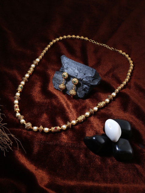 

Adwitiya Collection -Gold-Plated White & Green Pearl Beaded Stone-Studded Handcrafted Long Jewellery Set