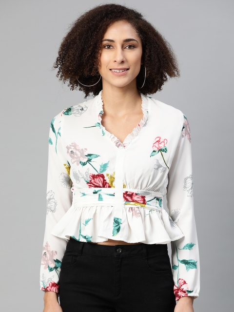 

Ives White & Green Floral Georgette Cinched Waist Crop Top