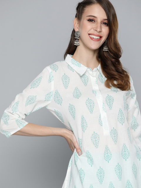 

HERE&NOW Women White & Green Ethnic Motifs Printed Cotton Kurta