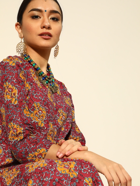 

HERE&NOW Women Maroon & Mustard Yellow Pure Cotton Ethnic Motifs Printed Kurta
