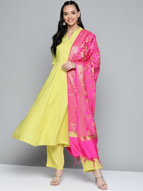 

HERE&NOW Women Yellow Solid Kurta with Palazzos & With Dupatta