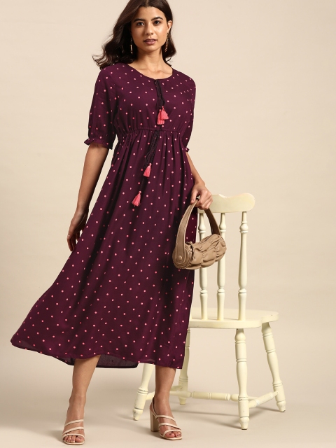 

all about you Women Purple & Pink Polka Dots Printed A-Line Midi Dress