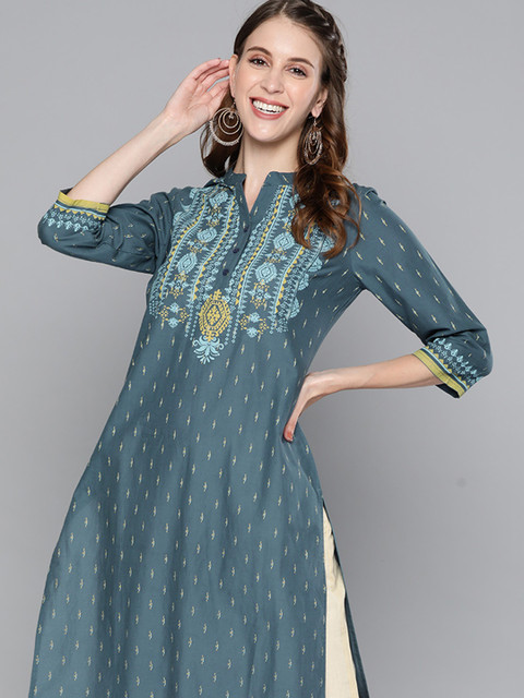 

HERE&NOW Women Teal Blue& Mustard Yellow Pure Cotton Ethnic Motifs Printed Kurta
