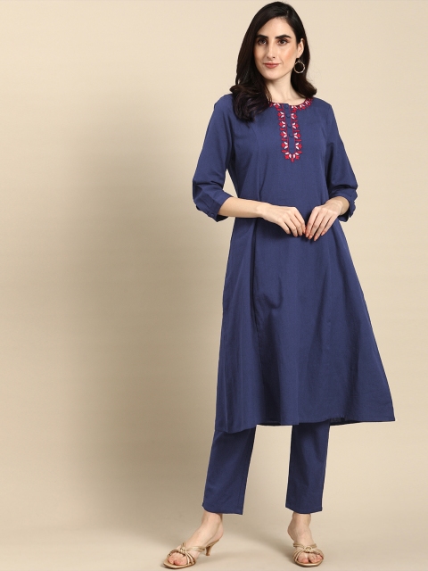 

all about you Women Navy Blue Yoke Embroidered Pure Cotton Kurta with Trousers