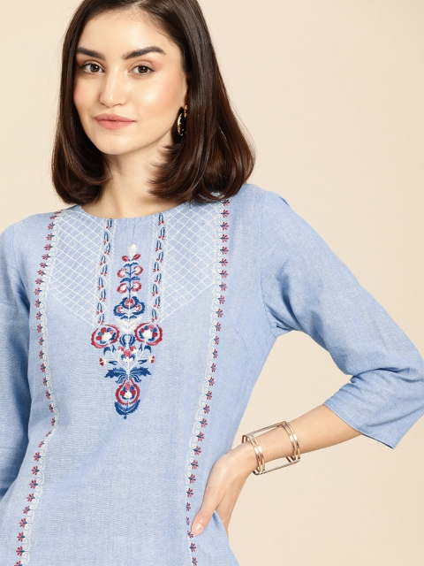 

all about you Women Blue Ethnic Motifs Yoke Design Pure Cotton Kurta with Trousers