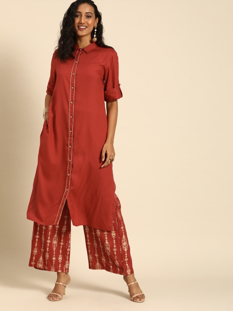 

all about you Women Red Ethnic Motifs Shirt Collar Regular Kurta with Palazzos