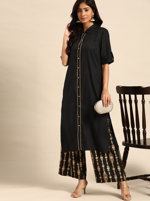 

all about you Women Black & Gold Solid Regular Kurta with Palazzos