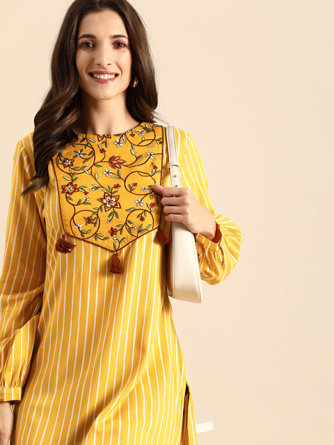 

all about you Women Mustard Yellow & White Striped Cotton Kurta With Floral Yoke Design