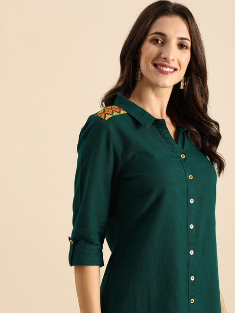 

all about you Women Green Embroidered Handloom Pakistani Style Kurta