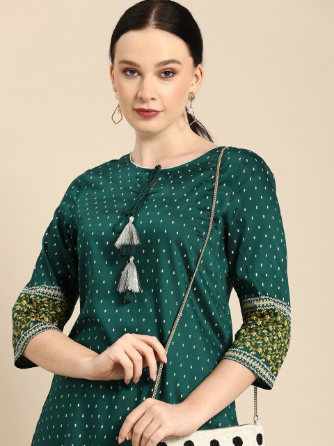 

all about you Women Green Ethnic Motifs Printed Keyhole Neck Kurta