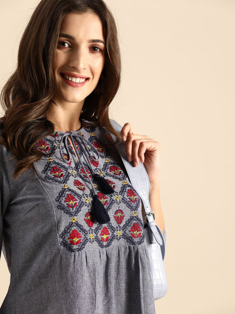 

all about you Women Grey Ethnic Motifs Yoke Design Thread Work Tie-Up Neck A-Line Kurta