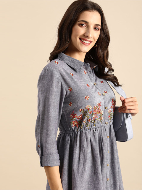

all about you Women Grey Floral Yoke Design Thread Work Shirt Collar Fit And Flare Kurta
