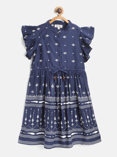 

Bella Moda Girls Navy Blue & White Ethnic Motifs Fit & Flare Dress