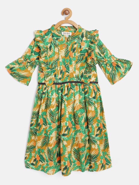 

Bella Moda Girls Green & Mustard Yellow Tropical Print Fit & Flare Dress