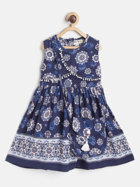 

Bella Moda Girls Navy Blue & White Ethnic Motifs Print Fit and Flare Dress with Bag