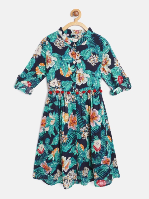 

Bella Moda Girls Navy Blue & Green Floral Print Fit & Flare Dress