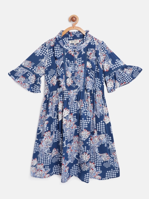

Bella Moda Girls Navy Blue & White Leaf Printed Fit & Flare Dress