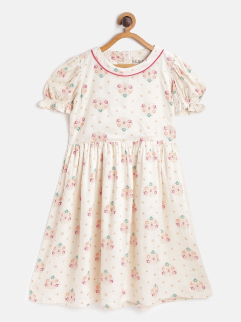 

Bella Moda Girls Off-White & Golden Ethnic Printed Fit & Flared Dress