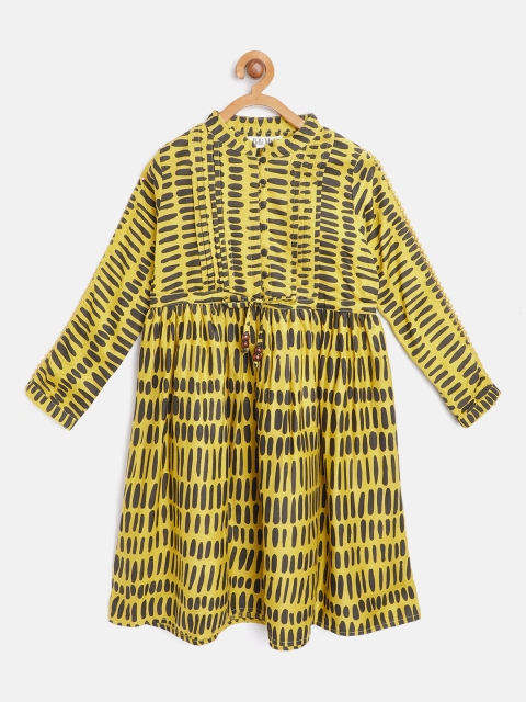

Bella Moda Girls mustard Yellow & Black Abstract Print Fit and Flare Dress