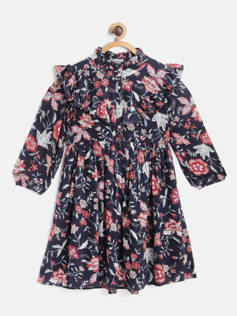 

Bella Moda Girls Navy Blue & Pink Floral Printed Fit & Flare Dress