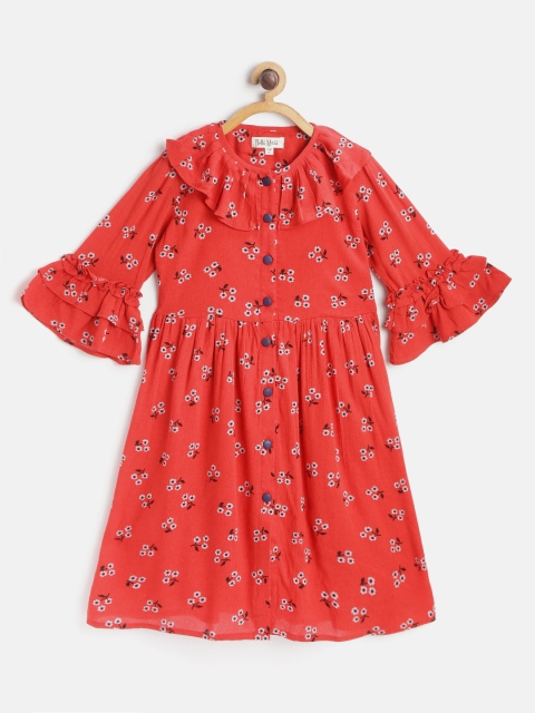 

Bella Moda Girls Red & White Floral Print Fit and Flare Dress with Tie-ups