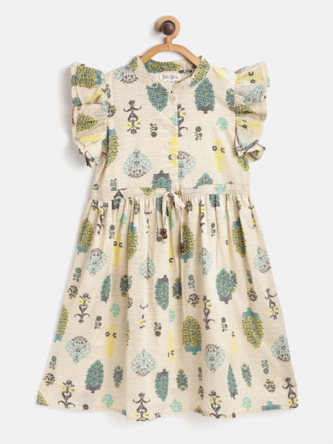 

Bella Moda Girls Off-White & Green Ethnic Motifs Print Fit and Flare Dress