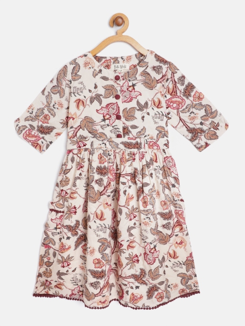 

Bella Moda Girls Light Beige & Olive Green Floral Print Fit & Flare Dress with Belt