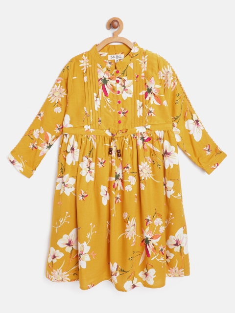 

Bella Moda Girls Mustard Yellow & Off White Floral Printed Fit & Flare Dress