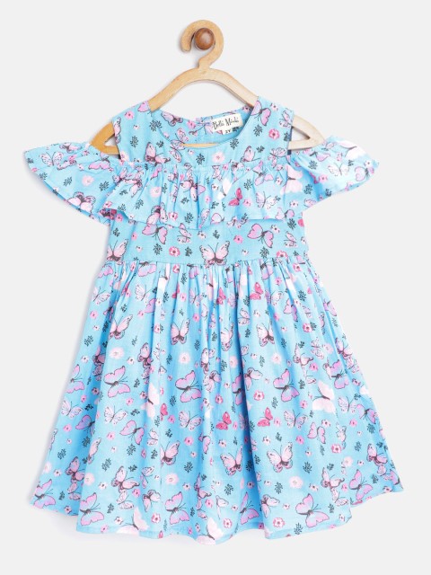 

Bella Moda Girls Blue & Pink Butterfly Printed Fit & Flare Dress