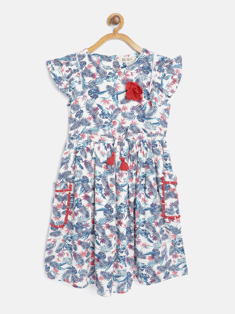 

Bella Moda Girls White & Blue Tropicl Print Fit and Flare Dress