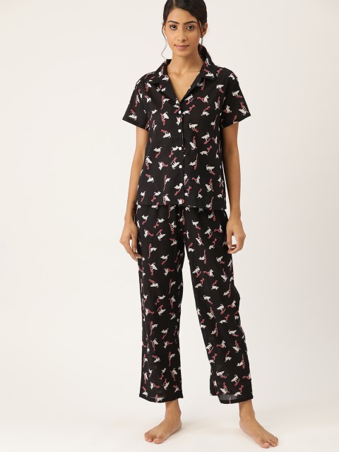 

ETC Women Black & Off White Pure Cotton Cat Print Pyjama Set