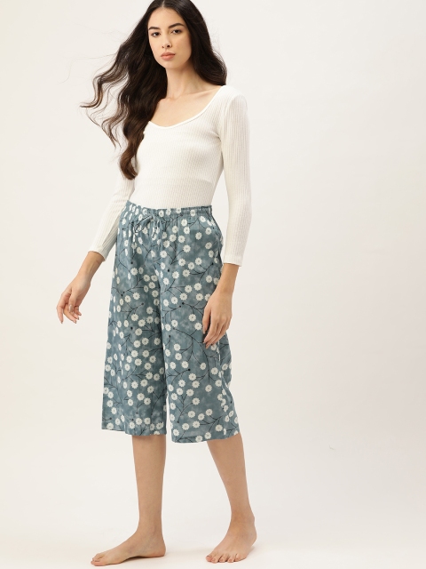

ETC Women Blue & White Pure Cotton Floral Print Culottes Lounge Pants